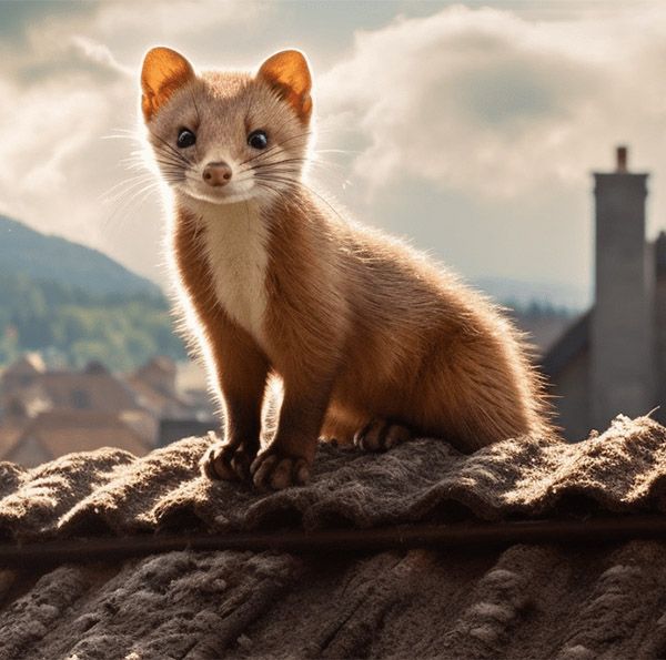 Marder siotzt auf dem Dach eines Hauses. Hier hilft nur noch ein Marderschreck, um das Tier zu vertreiben