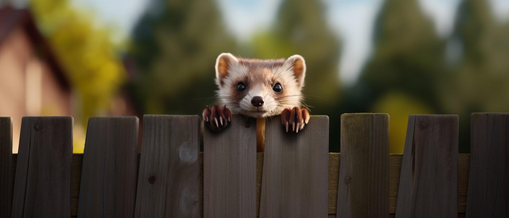 Marder schaut über den Zaun zum Nachbarn